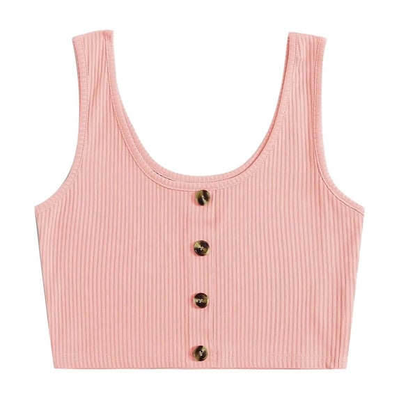 Qiopertar Sleeveless Ribbed Button Front Crop Tank Top for Women Casual Comfy Blouse T-Shirt Spring Summer Beach Vacation, Pink S