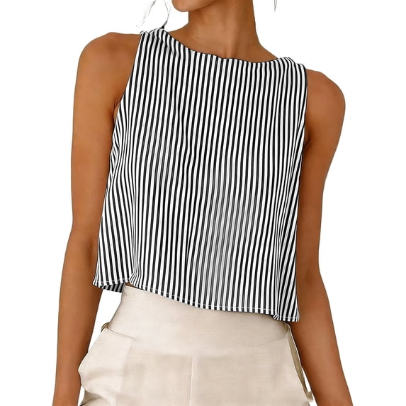 Qiopertar Sleeveless Tops for Women Round Neck Casual Summer Striped Tank Tops Fashionable Comfy Beach Vacation Party Wear Shirts, Black XL