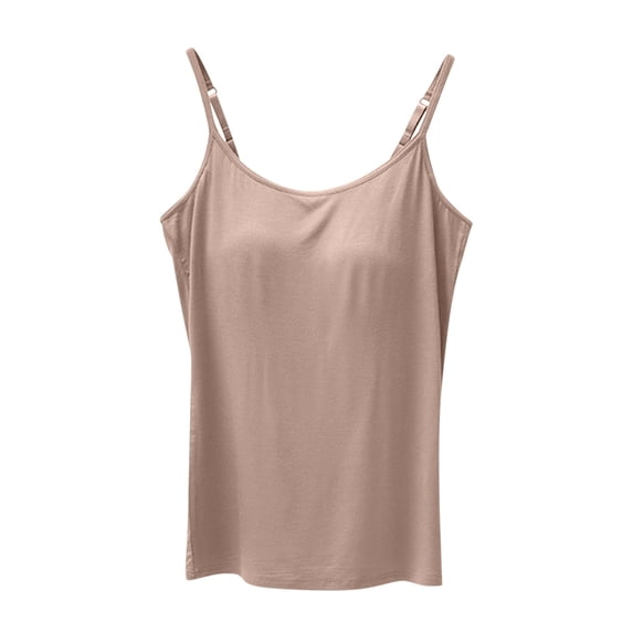 Qiopertar Solid Color Camisole for Women with Built-in Bra Padded Seamless Tank Tops Casual Comfy Stretchy Round Neck Sleeveless, Khaki XXL