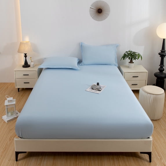 Qiopertar Solid Color Washed Bed Cover Three Piece Set, Modern Fitted Sheet Pillowcase Set for Queen King Bed, Breathable Polyester Mattress Protector Ash Proof Cover for Bedroom Decor, Blue