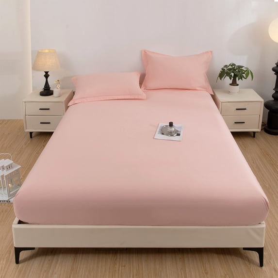 Qiopertar Solid Color Washed Bed Cover Three Piece Set, Modern Fitted Sheet Pillowcase Set for Queen King Bed, Breathable Polyester Mattress Protector Ash Proof Cover for Bedroom Decor, Pink