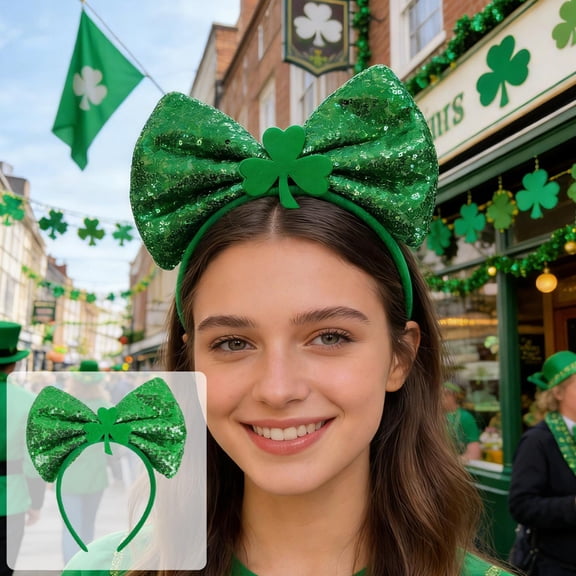 Qiopertar St. Patrick's Day Headband, Leprechaun Hat Hairband for Adults Kids, Glitter Shamrock Bow Irish Party Decorations for Parades Festive Events, Green