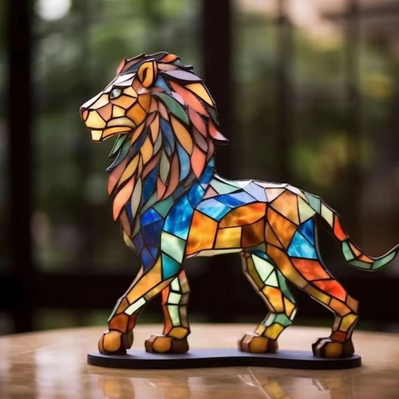 Qiopertar Stained Metal Lion Sculpture, Textured Acrylic Profile Graffiti Lion Statue, Eye-Catching Table Top Art Decor for Bedroom Living Room