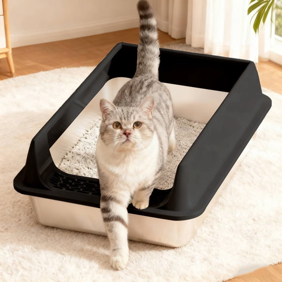 Qiopertar Stainless Steel Cat Litter Box, High Sided Odor Proof Non Stick Litter Pan, Large Open Top Kitty Litter Tray for Small Cats Easy to Clean, Black