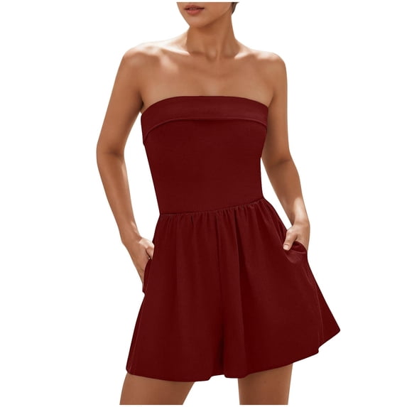Qiopertar Strapless Rompers for Women Tube Sleeveless Short Jumpsuit 2025 Summer Beach Vacation Casual Comfy Skort with Pockets, Wine XL