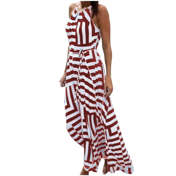 Qiopertar Striped Maxi Dress for Women Boho Long Evening Party Beach Sundress Casual Sleeveless Backless Hollow Out Printed Dress, Watermelon Red M