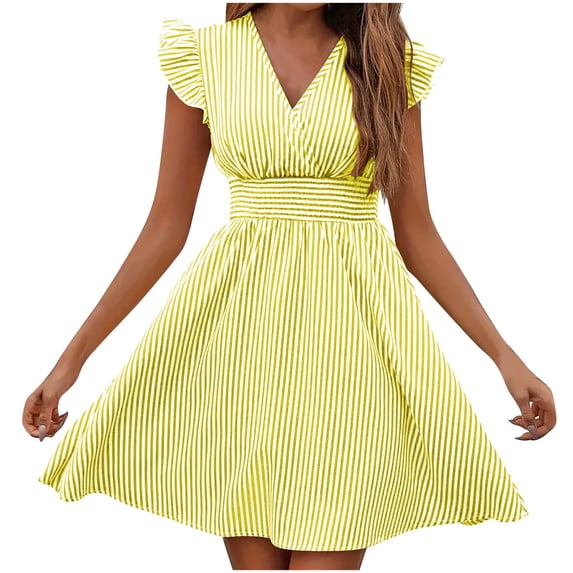 Qiopertar Striped V-Neck Short Sleeve Dress for Women Casual Summer Beach Vacation A-Line Dress with Pockets Fashion Comfy Relaxed Lounge Dress, Yellow L