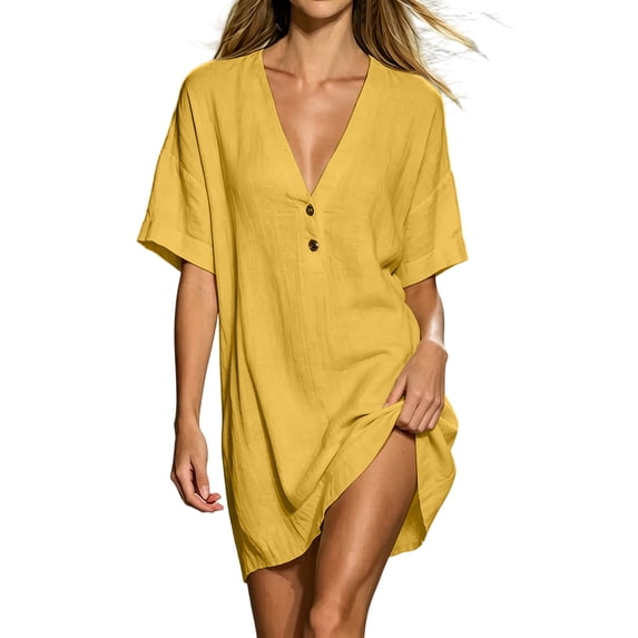 Qiopertar Summer Dresses for Women Boho Vacation Beach Dress Button Down V Neck Short Sleeve Loose Flowy Slit Casual Party Sundress, Yellow S