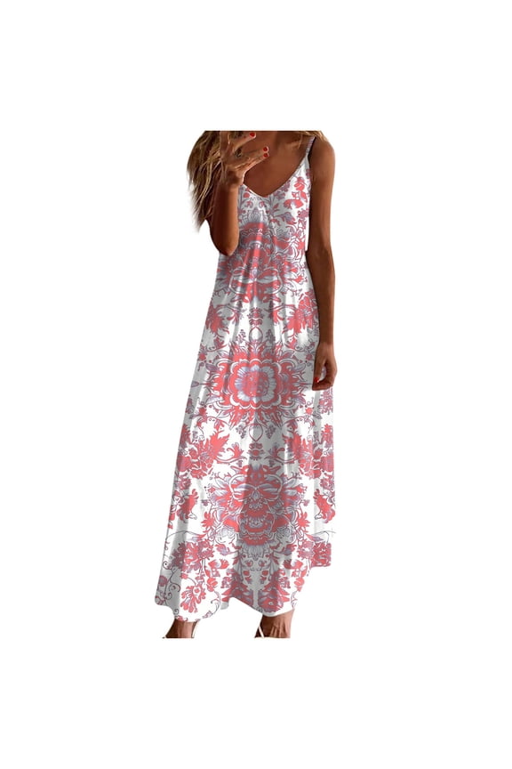 Summer Sleeveless Dress for Women V Neck Print Sundress Casual Vacation Beach Flowy Long Maxi Dress, Red XXL