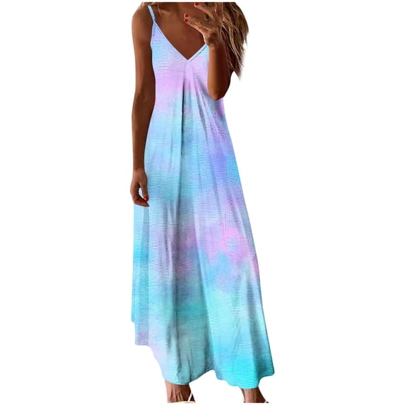 Qiopertar Summer Tie Dye Print Beach Ruffle Sleeveless V-Neck Dress for Women Casual Vacation Party Fashion Camisole Dress, Blue L