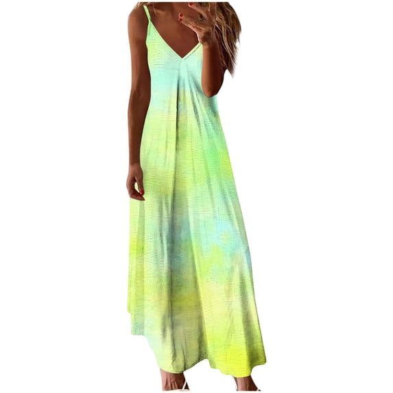 Qiopertar Summer Tie Dye Print Beach Ruffle Sleeveless V-Neck Dress for Women Casual Vacation Party Fashion Camisole Dress, Yellow L