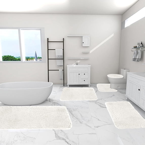 Qiopertar Super Soft Bathroom Rugs 5-Piece Set, Plush Long Hair Non-Slip Toilet Mats, Machine Washable Water Absorbent Bath Mat Set for Floor Shower, White