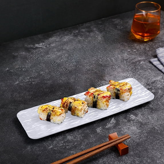 Qiopertar Sushi Platter, Plastic Serving Tray for Party Entertaining, Rectangular Dinner Plates for Appetizers Charcuterie Snacks, White