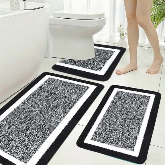 Qiopertar Ultra Soft Bathroom Rugs 3 Piece Set, Extra Large Non Slip Shower Mat with U-Shaped Toilet Lid Cover, Absorbent Microfiber Plush Washable Bath Mats for Floor Bedroom Living Room, Black