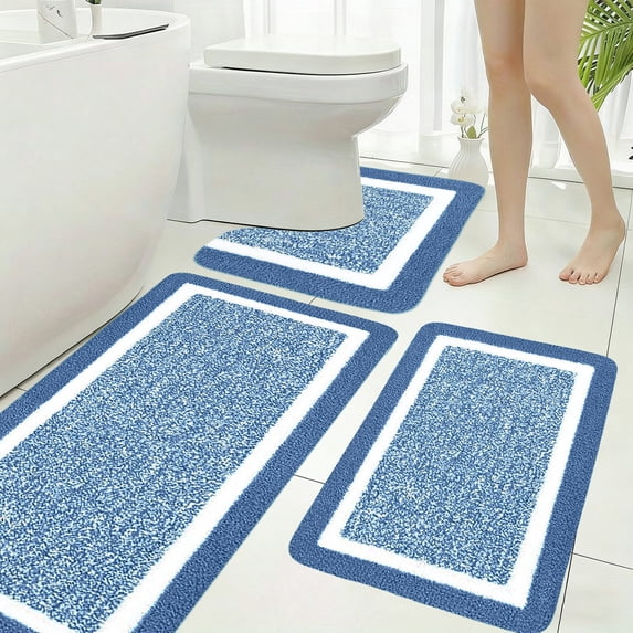 Qiopertar Ultra Soft Bathroom Rugs 3 Piece Set, Extra Large Non Slip Shower Mat with U-Shaped Toilet Lid Cover, Absorbent Microfiber Plush Washable Bath Mats for Floor Bedroom Living Room, Blue