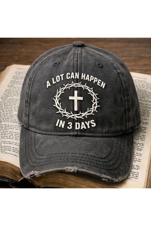 Vintage Distressed Baseball Cap, A LOT CAN HAPPEN IN 3 DAYS Christian Hat with Crown of Thorns, Faded Denim Adjustable Faith Cap for Men Women, Casual Religious Gift for Easter Bible Study