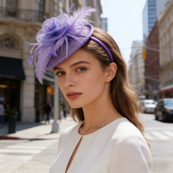 Qiopertar Vintage Fascinator Hat, Flower Mesh Ribbons Feathers Headband Clip, Tea Party Bridal Cocktail Headwear for Women Girls, Purple