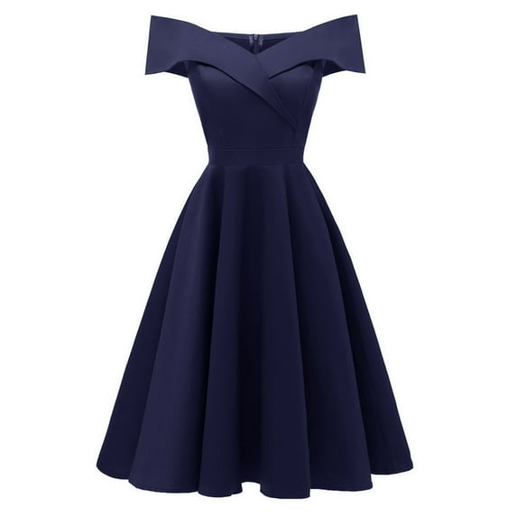 Qiopertar Vintage Princess Sleeveless Dress for Women Retro Solid Long Dress A-Line Round Neck Casual Party Cocktail Evening Elegant, Navy XL