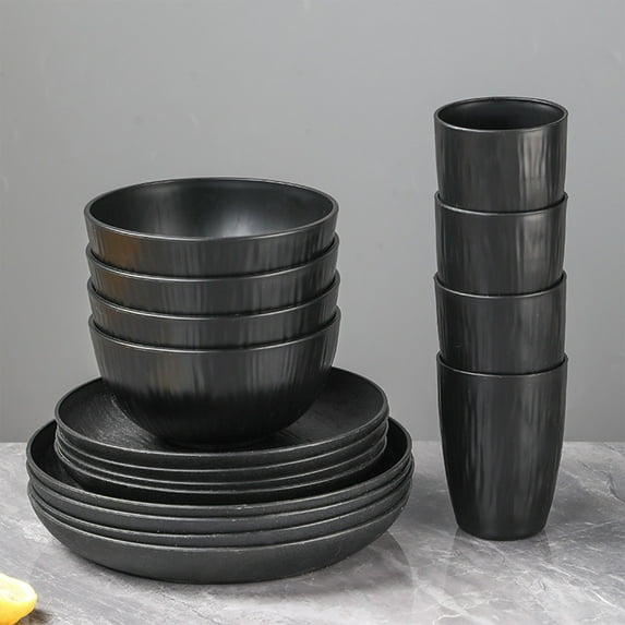 Qiopertar Wheat Straw Dinnerware Set, 16-Piece Shatterproof Plastic Plates Bowls Cups, Microwave Safe Dishwasher Safe Reusable Tableware, Kitchen Home Camping Party Picnic Use, Black
