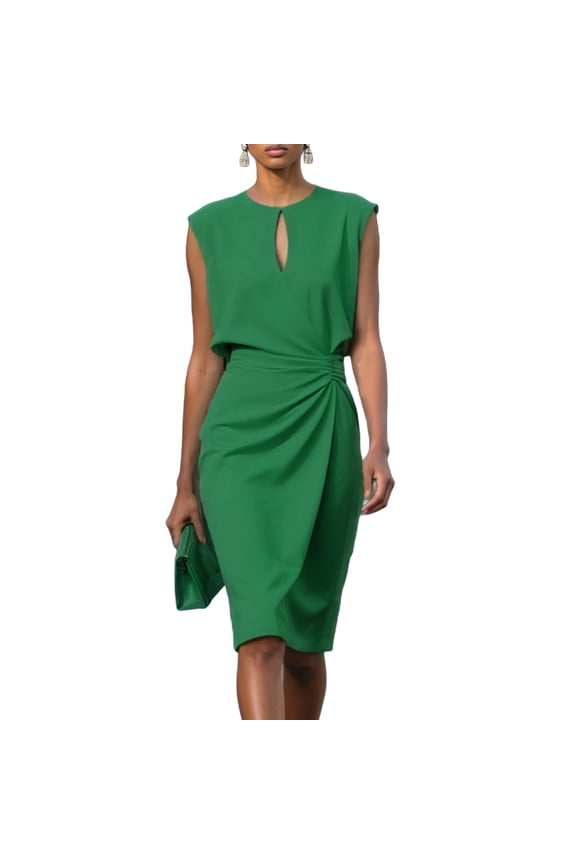 Women Keyhole Neck Sleeveless Ruched Waist Sheath Midi Dress Formal Office Work Cocktail Party Elegant Solid Color Tailored Fitted A-Line Wedding Guest Dress, Green M