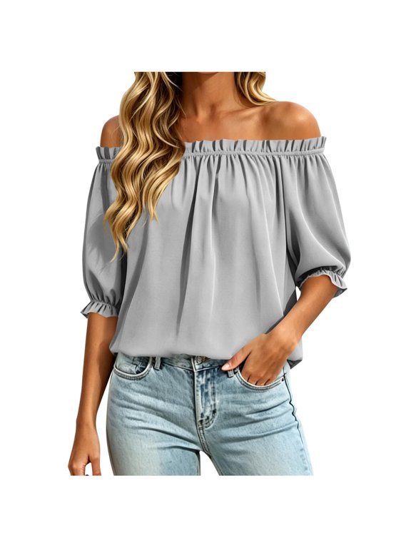 Women Off Shoulder Puff Sleeve Blouse Summer Casual Flowy Loose Top Solid Boho Vacation Beach Travel Holiday Party Cocktail Night Out Elastic Ruffle Neck Gray XXL