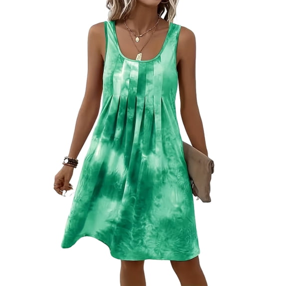 Qiopertar Women Sleeveless Square Neck Pleated Dress Casual Loose A-Line Beach Dress Bohemian Tie Dye Print Flowy Summer Vacation Cover Up, Green L