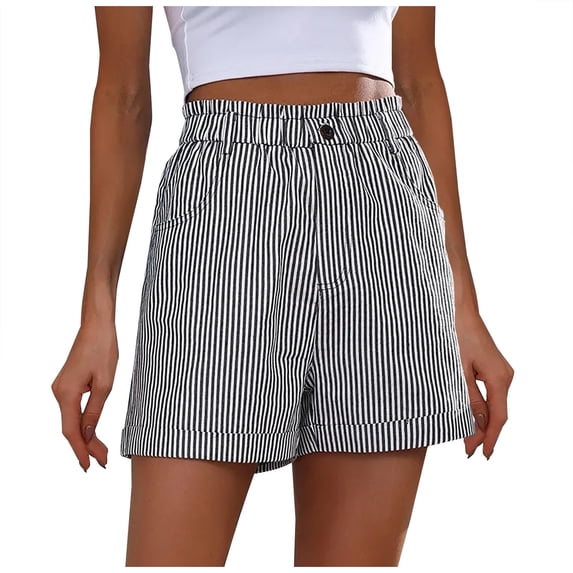 Qiopertar Women Summer Casual Elastic Waist Shorts with Pockets Striped Print Drawstring Lounge Pants Comfy Beach Vacation Sleepwear, Black XXL