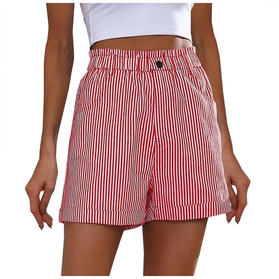 Qiopertar Women Summer Casual Elastic Waist Shorts with Pockets Striped Print Drawstring Lounge Pants Comfy Beach Vacation Sleepwear, Red S