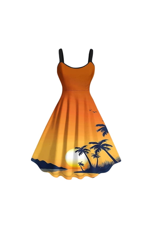 Women Summer Casual Sleeveless Knee Length Dress Palm Tree Print Round Neck Ruffles Vacation Beach Party Cocktail Fashion Dress, Yellow XL
