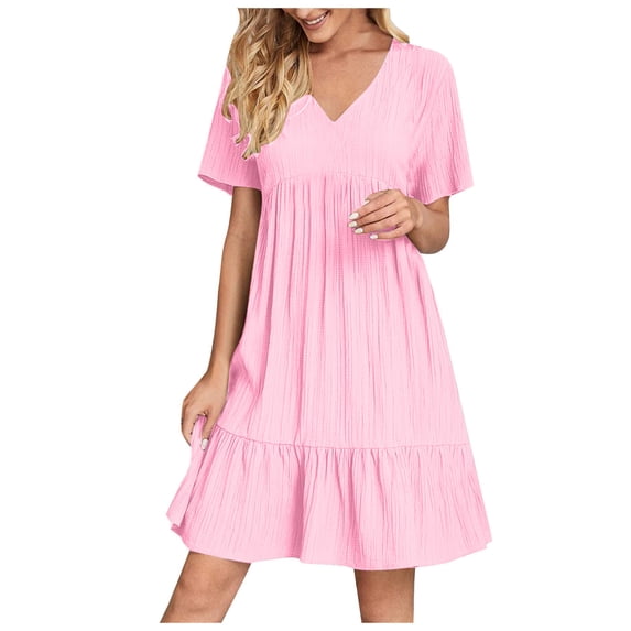 Qiopertar Women Summer Casual V-Neck Short Sleeve Mini Dress Solid Color Knee-Length Party Wedding Vacation Cocktail Dress, Pink S