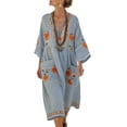 thumbnail image 1 of Qiopertar Women V Neck Half Sleeve Striped Kaftan Maxi Dress Casual Boho Beach Cover Up Loose Flowy Patch Pocket Vacation Dress, Sky Blue L, 1 of 4