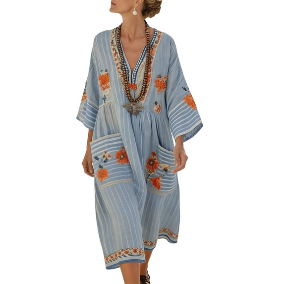 Qiopertar Women V Neck Half Sleeve Striped Kaftan Maxi Dress Casual Boho Beach Cover Up Loose Flowy Patch Pocket Vacation Dress, Sky Blue L