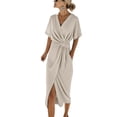 thumbnail image 1 of Qiopertar Women V-Neck Short Sleeve Wrap Midi Dress Knot Waist Side Slit Casual Elegant Summer Vacation Beach Party Cocktail Night Out Flowy Comfy A-Line, Beige S, 1 of 5