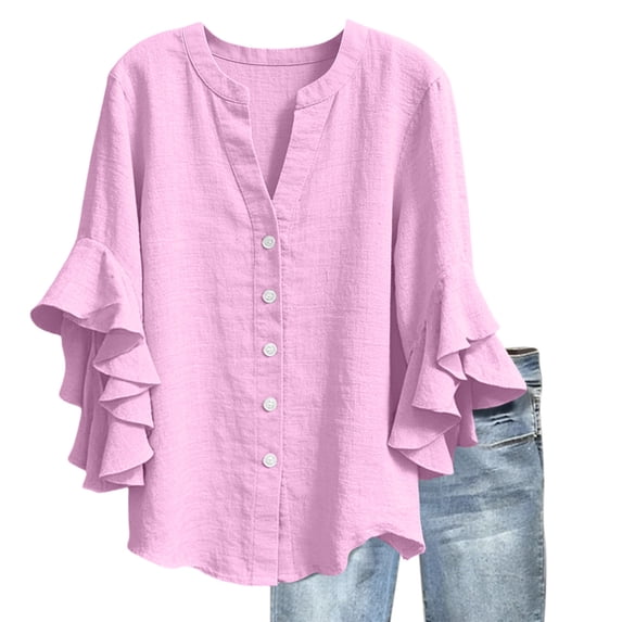 Qiopertar Women's 3/4 Lace Sleeve V-Neck Button Casual Blouse Loose Fit Cropped Shirt Spring Summer Vacation Boho Fashion Top, Hot Pink M