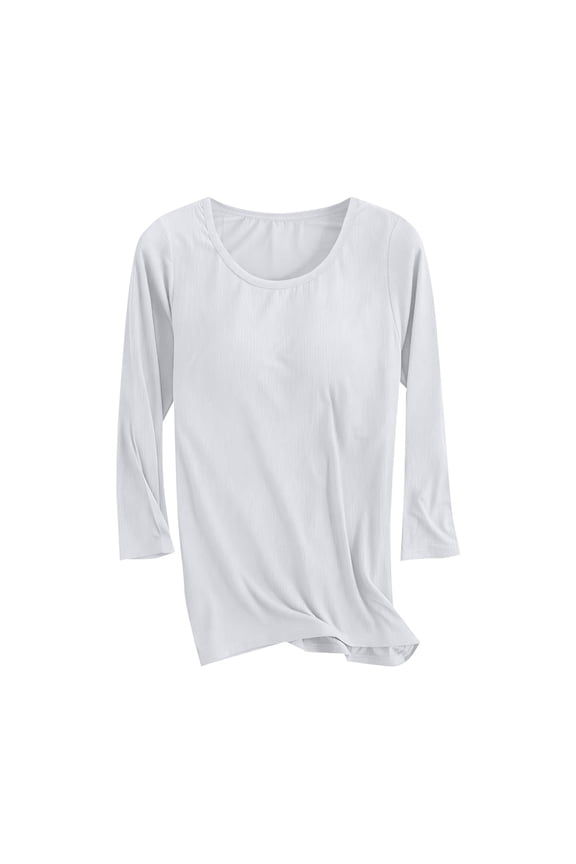 Women's 3/4 Sleeve Round Neck Sequin Top Casual Comfy Pajama Loungewear Solid Color Built-in Bra T-shirt, White XXL
