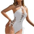 thumbnail image 1 of Qiopertar Women's Backless Halter Adjustable Strap One Piece Swimsuit Solid Color High Cut Bathing Suit for Beach Vacation Pool Party, White M, 1 of 5