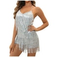 thumbnail image 1 of Qiopertar Women's Backless Sequin Fringe Romper Shorts Sleeveless V-Neck Loose Fit Jumpsuit Casual Party Night Out Club Slit Design, Silver XS, 1 of 7