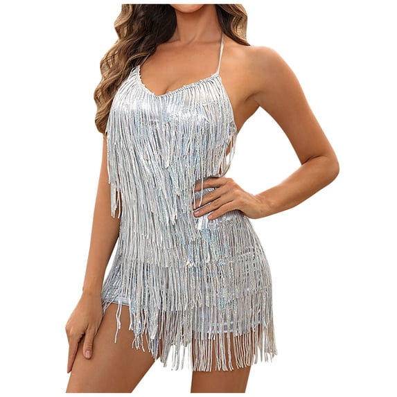 Qiopertar Women's Backless Sequin Fringe Romper Shorts Sleeveless V-Neck Loose Fit Jumpsuit Casual Party Night Out Club Slit Design, Silver XS