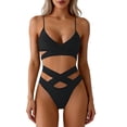 thumbnail image 1 of Qiopertar Women's Bikini Set 2026 Fashion Crochet Lace V Neck Bathing Suit High Waisted Ruched Swimwear Adjustable Straps Floral Print Beach Vacation Pool Party Swimsuit, Black M, 1 of 7