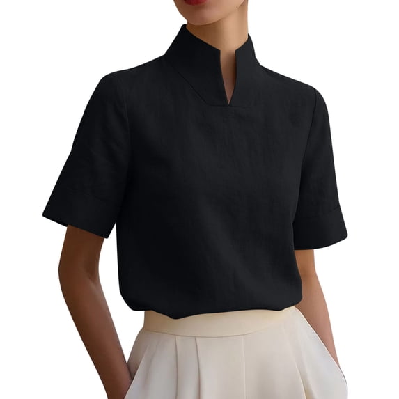 Qiopertar Women's Blouse Stand Collar Short Sleeve Elegant Casual Loose Work Office Tunic Tops, Black 3XL