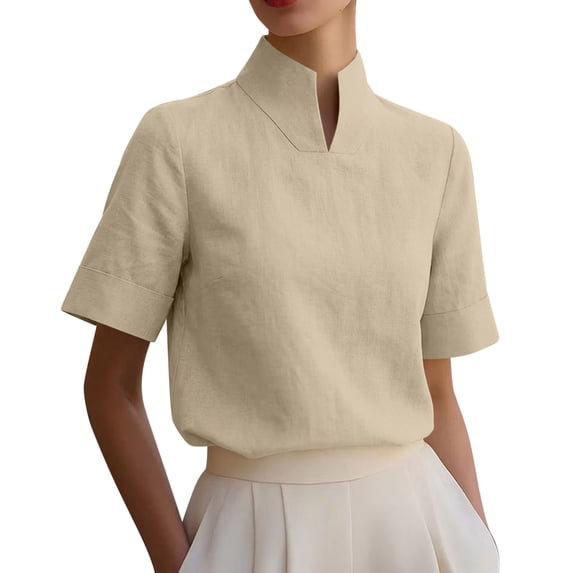 Qiopertar Women's Blouse Stand Collar Short Sleeve Elegant Casual Loose Work Office Tunic Tops, Khaki XL