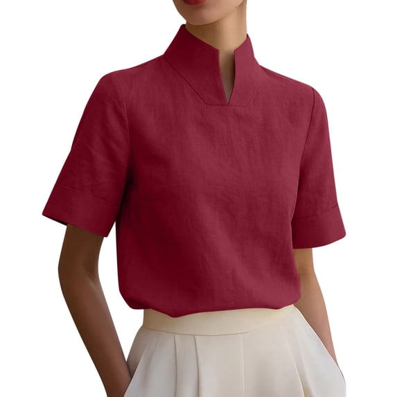 Qiopertar Women's Blouse Stand Collar Short Sleeve Elegant Casual Loose Work Office Tunic Tops, Wine L