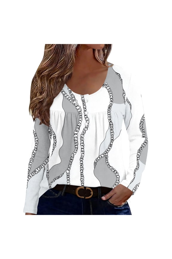Women's Button Down Long Sleeve Tops Casual Chain Print Blouse Round Neck Loose Spring Summer Lightweight Soft Fashion Top, White M