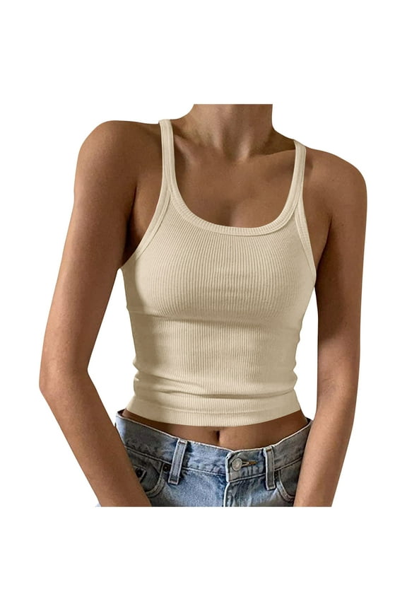 Women's Camisole Tops Round Neck Sleeveless Fitted Tank Tops Casual Summer Vacation Party Night Out Club Fashion Solid Color Pullover Blouses, Beige XXL