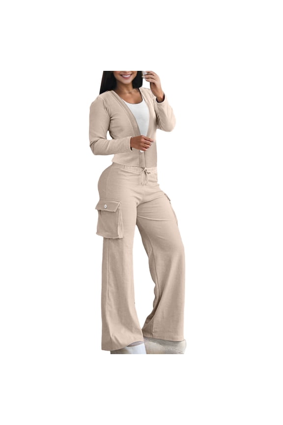 Women's Casual 2 Piece Outfit Long Sleeve Button Down Cardigan and Loose Wide Leg Cargo Pants with Pockets Tracksuit Set Lounge Travel Comfy Relaxed Oversized, Beige L