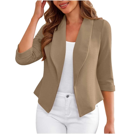 Qiopertar Women's Casual Blazer Short Sleeve Pullover Top Solid Color Suit Jacket Fashion Office Work Professional Formal Coat, Khaki M