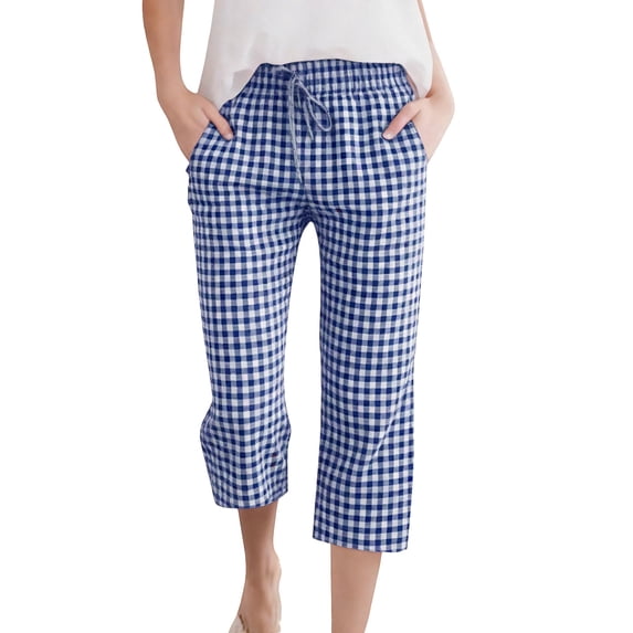 Qiopertar Women's Casual Cropped Pants with Pockets Elastic Waist Loose Straight Leg Plaid Drawstring Trousers Spring Summer Vacation Beach, Blue XL