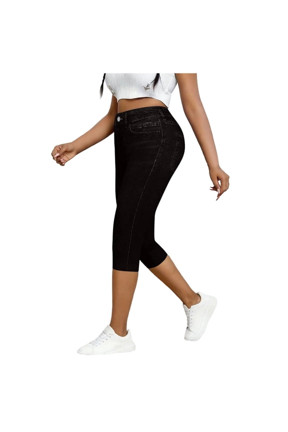 Women's Casual High Waisted Jeggings with Pockets Printed Imitation Denim Pants Elastic Waist Slim Fit Stretchy Slit Hem Comfortable Travel Yoga Pants, Black S