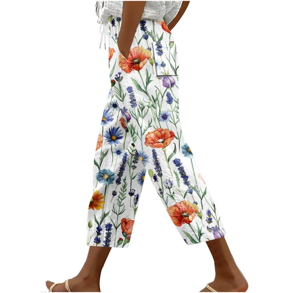 Qiopertar Women's Casual Loose Harem Pants with Drawstring Floral Print Fashion Cropped Pants Cargo Pocket Capri Pants Bohemian Festival, 3XL