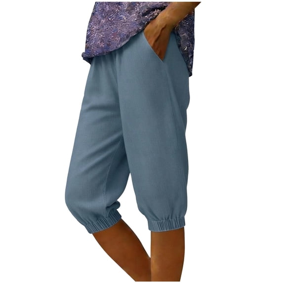 Qiopertar Women's Casual Pants Denim Style Elastic Waist Flared Leg with Pockets Cropped Trousers Trendy Comfy Relaxed Spring Summer Vacation Travel, Navy XL